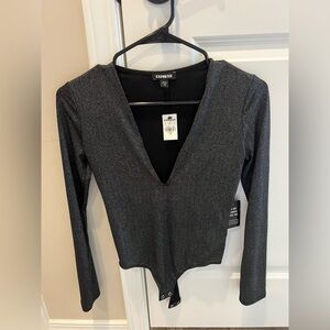 Express Women's Dark Grey and Silver Shimmering Glitter Thong Bodysuit